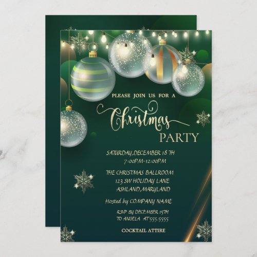  Gold SnowflakesBalls Green Christmas  Invitation