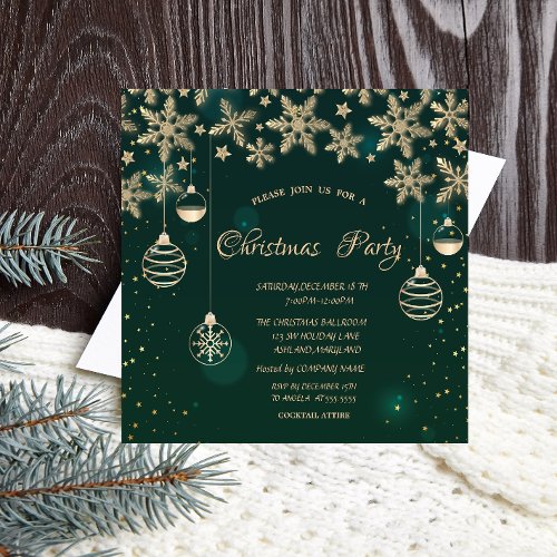 Gold SnowflakesBalls Green Corporate Christmas  Invitation
