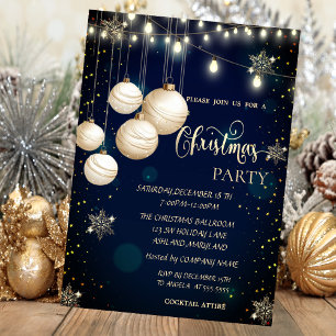 Gold Snowflakes,Balls,Lights Blue Christmas Invitation
