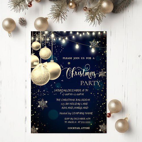  Gold SnowflakesBallsLights Blue Christmas  Invitation