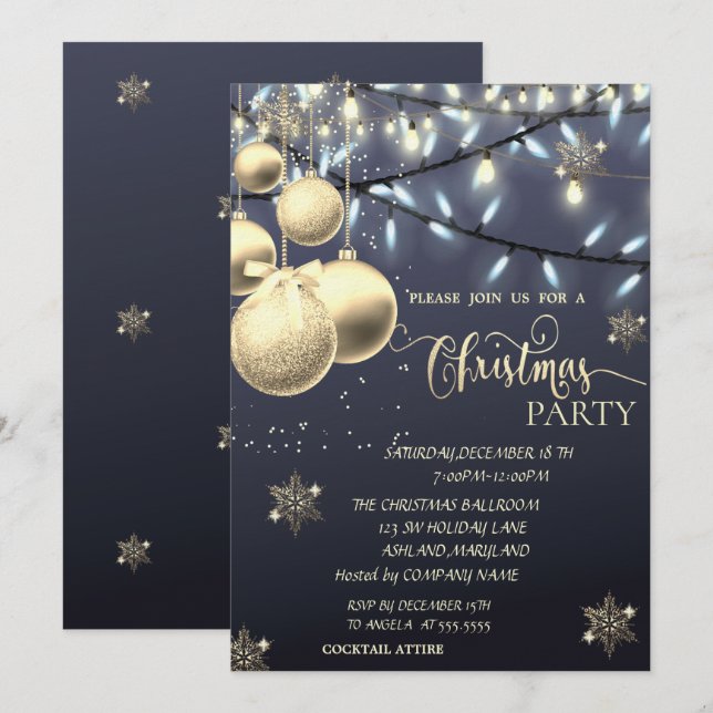 Gold Snowflakes,Balls,Lights Blue Christmas Party Invitation (Front/Back)