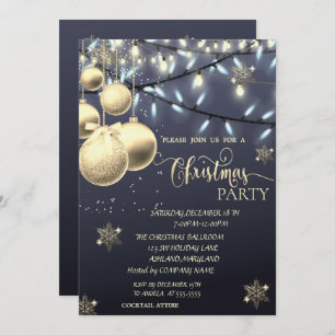 Gold Snowflakes,Balls,Lights Blue Christmas Party Invitation