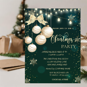 Gold Snowflakes,Balls,Lights Bow Green Christmas Invitation