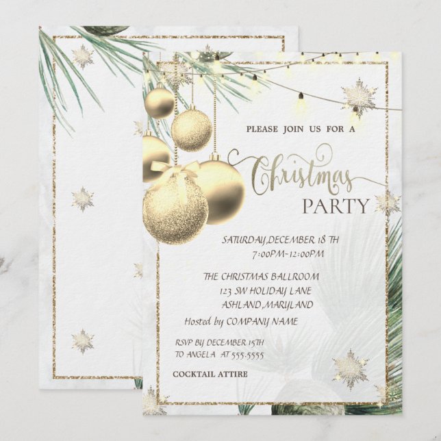 Gold Snowflakes,Balls,Lights,Branches Christmas  Invitation (Front/Back)