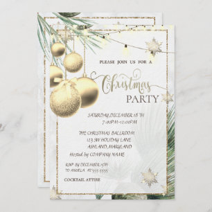 Gold Snowflakes,Balls,Lights,Branches Christmas Invitation