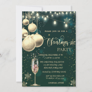  Gold Snowflakes,Balls,Lights,Glass Christmas  Invitation