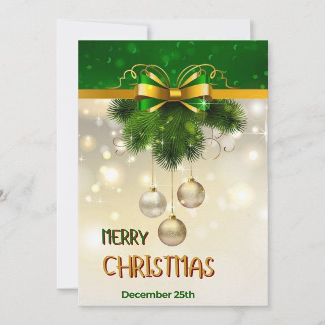 Gold Snowflakes, Balls ,Lights Green Christmas  Invitation (Front)