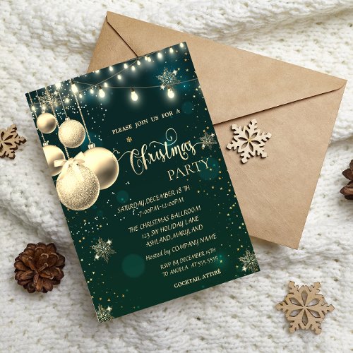  Gold SnowflakesBallsLights Green Christmas  Invitation