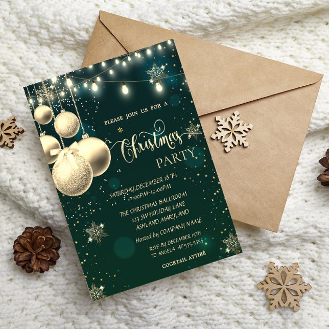  Gold Snowflakes,Balls,Lights Green Christmas  Invitation (Creator Uploaded)