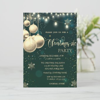 Gold Snowflakes,Balls,Lights Green Christmas Invitation | Zazzle