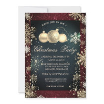 Gold Snowflakes,Balls Red Glitter Company Party Invitation