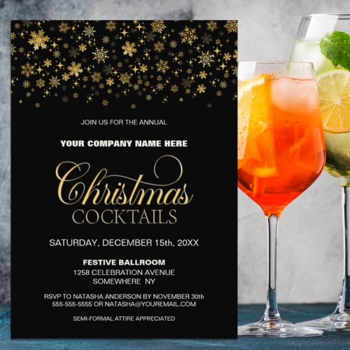 Gold Snowflakes Black Christmas Cocktail Party Invitation