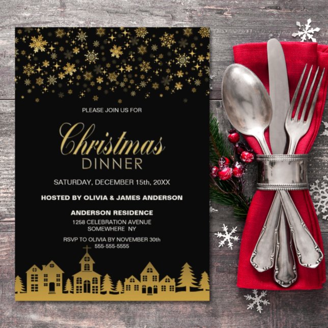 Gold Snowflakes Black Christmas Dinner Invitation (Creator Uploaded)