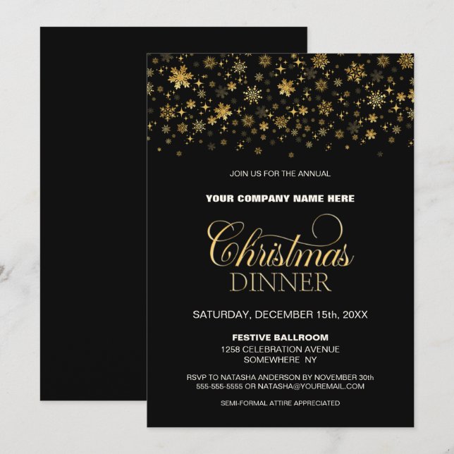 Gold Snowflakes Black Corporate Christmas Dinner Invitation (Front/Back)