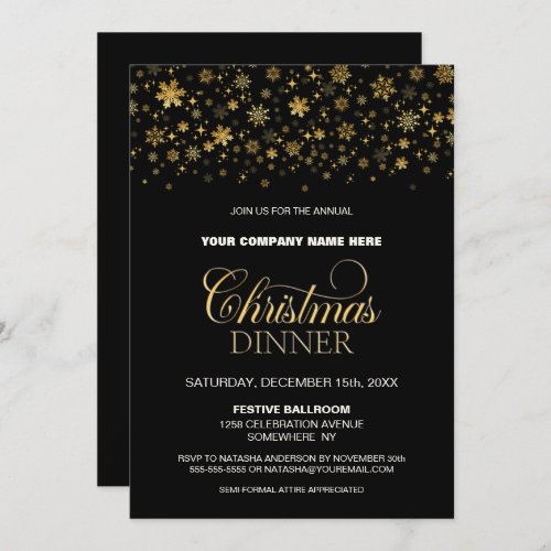 Gold Snowflakes Black Corporate Christmas Dinner Invitation