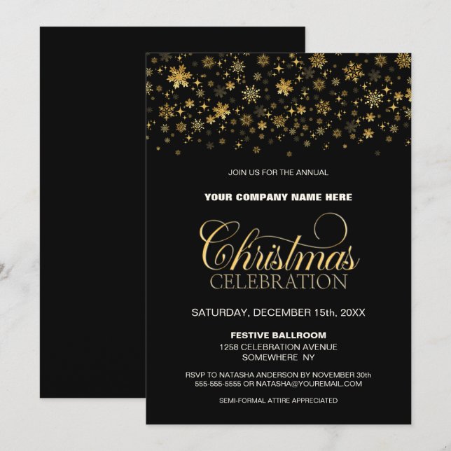 Gold Snowflakes Black Corporate Christmas Party Invitation (Front/Back)