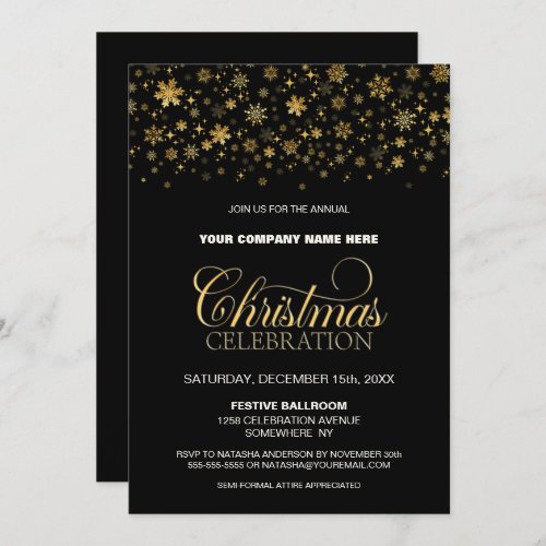 Gold Snowflakes Black Corporate Christmas Party Invitation