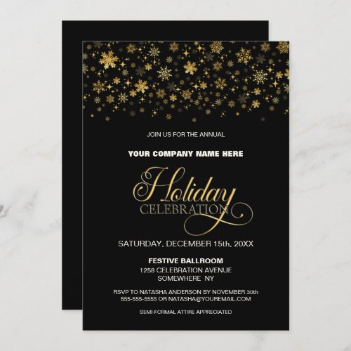 Gold Snowflakes Black Holiday Celebration Invitation