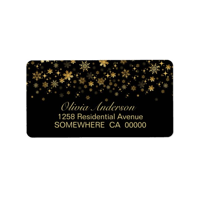 Gold Snowflakes Black Return Address Label (Front)