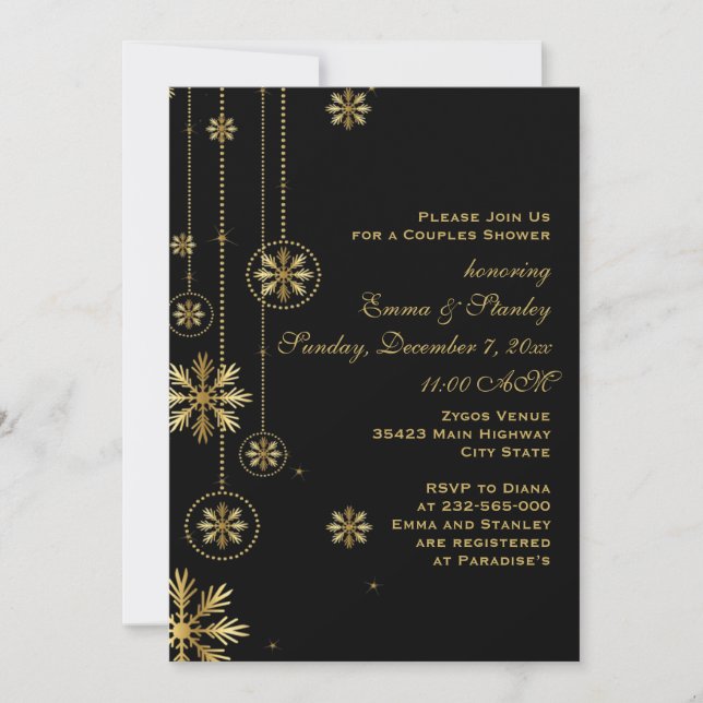 Gold snowflakes black wedding couples shower invitation (Front)