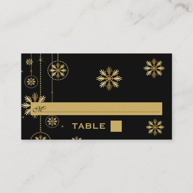 Gold snowflakes black winter wedding place card (Front)