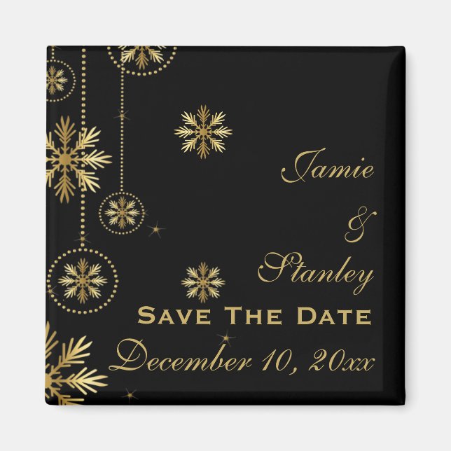 Gold snowflakes black winter wedding Save the Date Magnet (Front)