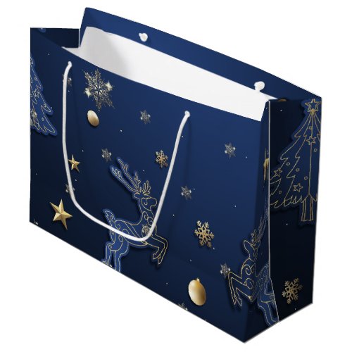  Gold Snowflakes Blue Christmas Tree Reindeer Large Gift Bag