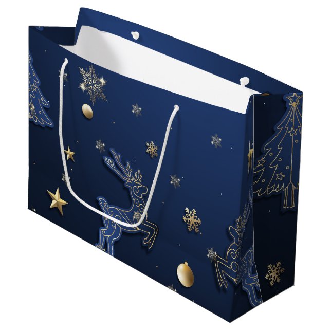  Gold Snowflakes Blue Christmas Tree Reindeer Large Gift Bag (Front Angled)