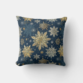 Gold Snowflakes Blue Winter Christmas  Throw Pillow