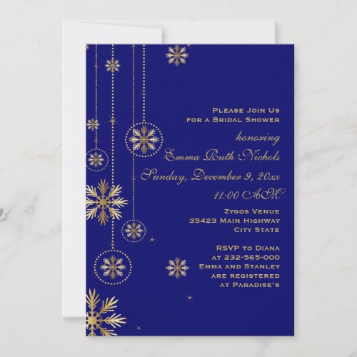 Gold snowflakes blue winter wedding bridal shower invitation