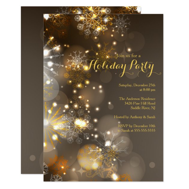 Gold Snowflakes & Bokeh Lights Holiday Invitation
