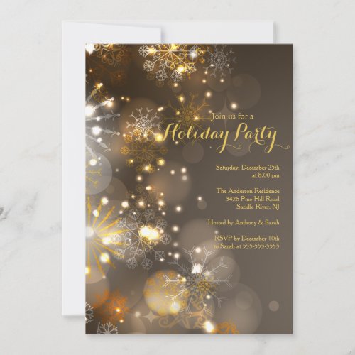 Gold Snowflakes &amp; Bokeh Lights Holiday Invitation Announcements