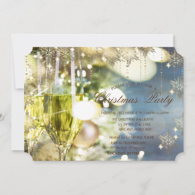  Gold Snowflakes Champagne ,Corporate Christmas Invitation (Front)