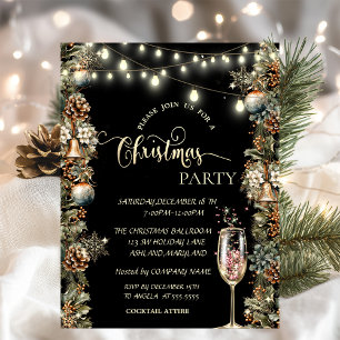 Gold Snowflakes,Champagne Glass Christmas  Invitation
