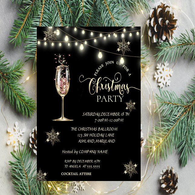 Gold Snowflakes,Champagne Glass Christmas Party  Invitation (Creator Uploaded)