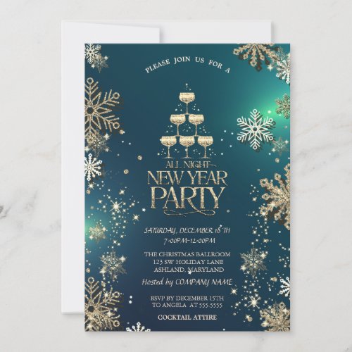 Gold Snowflakes Champagne Glass Company Party Invitation