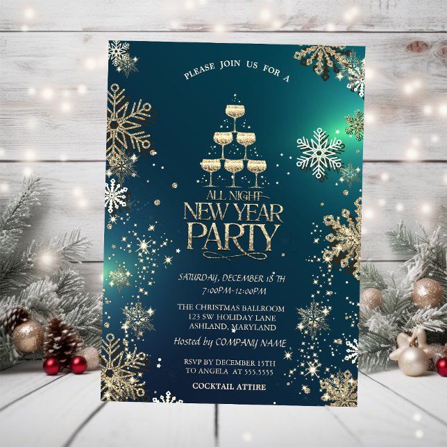 Gold Snowflakes, Champagne Glass Company Party Invitation (Creator Uploaded)