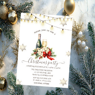 Gold Snowflakes,Champagne, Poinsettia Lights Invitation