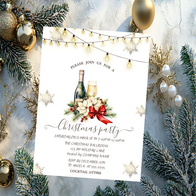 Gold Snowflakes,Champagne, Poinsettia Lights Invitation (Creator Uploaded)