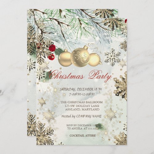 Gold SnowflakesChristmas Balls Branches Chistmas Invitation