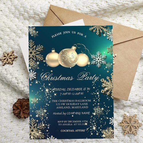 Gold Snowflakes Christmas Balls Company Party Invitation