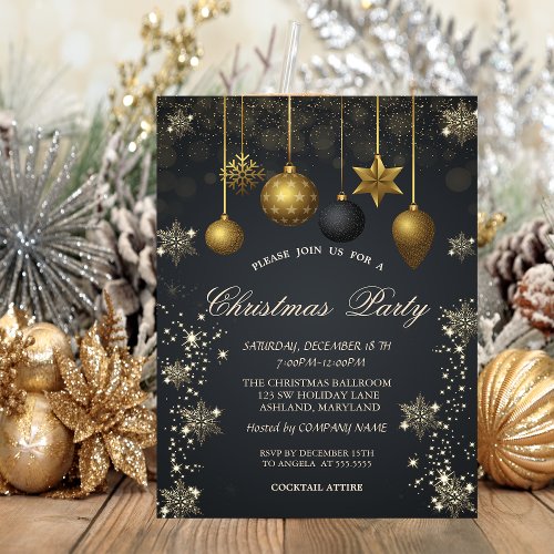 Gold SnowflakesChristmas Balls Dark Company Party Invitation