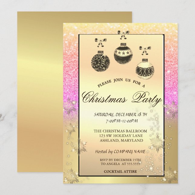 Gold Snowflakes,Christmas Balls Glitter Company  Invitation (Front/Back)