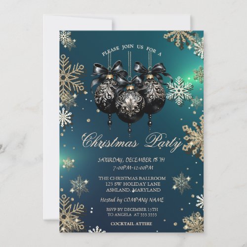 Gold SnowflakesChristmas BallsGreen Company Invitation