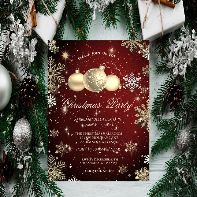 Gold Snowflakes,Christmas Balls Red Company Party Invitation (Creator Uploaded)