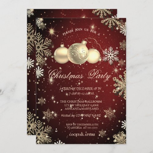 Gold SnowflakesChristmas Balls Red Company Party Invitation