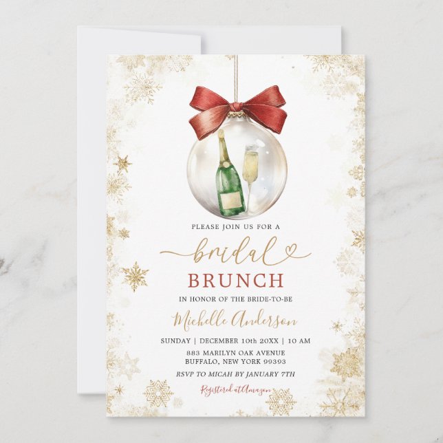 Gold Snowflakes Christmas Bauble Bridal Brunch Invitation (Front)