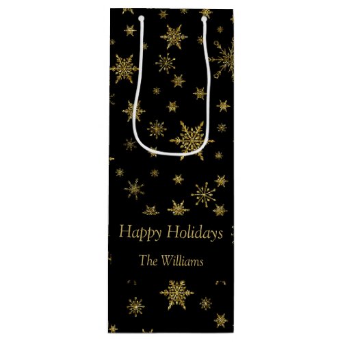 Gold Snowflakes Christmas Black Personalized  Wine Gift Bag