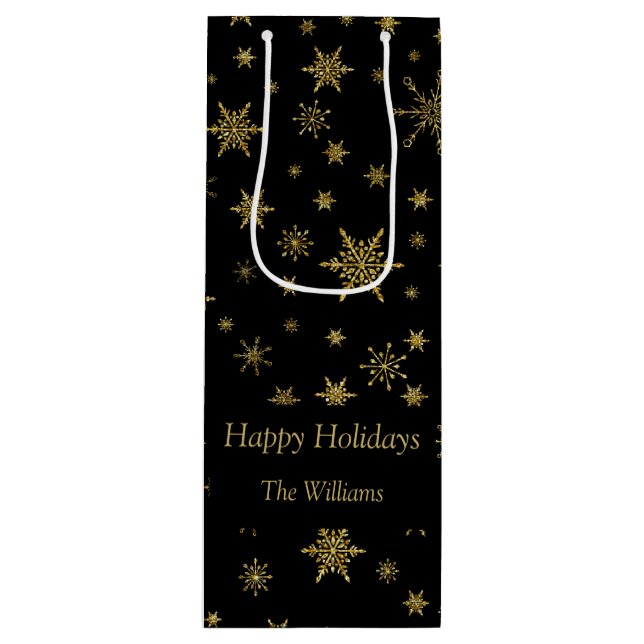 Gold Snowflakes Christmas Black Personalized  Wine Gift Bag (Front)