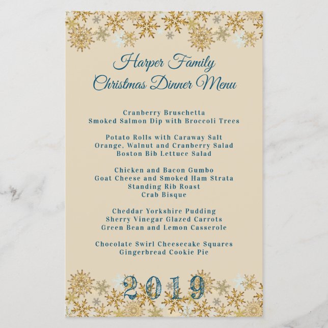 Gold Snowflakes Christmas Dinner Menu Template (Front)